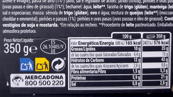 Etiquetado lasaña Mercadona